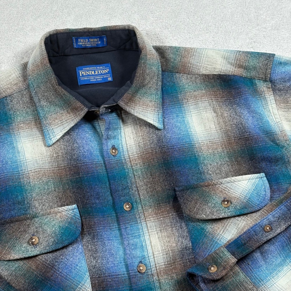 VTG Pendleton Field Shirt Men XL Blue Plaid 100% USA Virgin Wool Button Down 90s